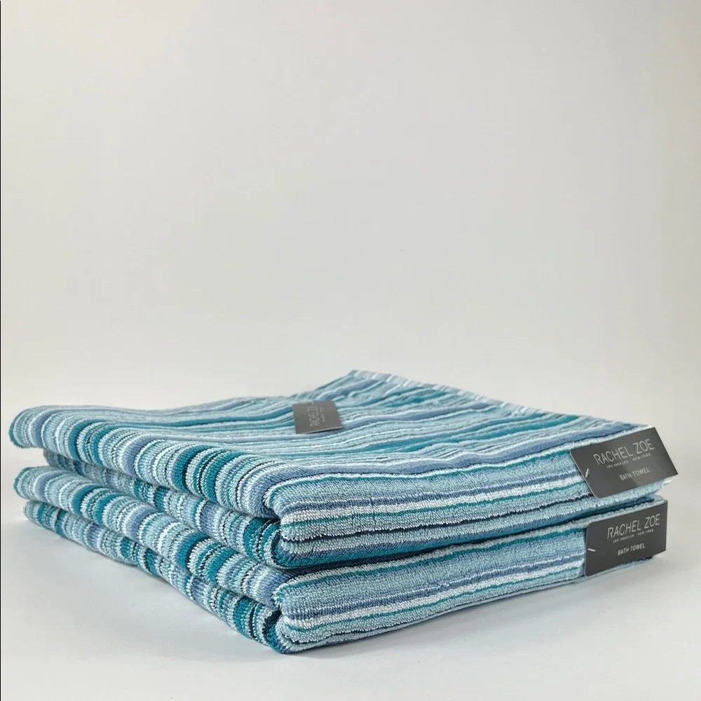 2pc Rachel Zoe Bath Towels Blue Teal White Striped Soft 100% Cotton NEW